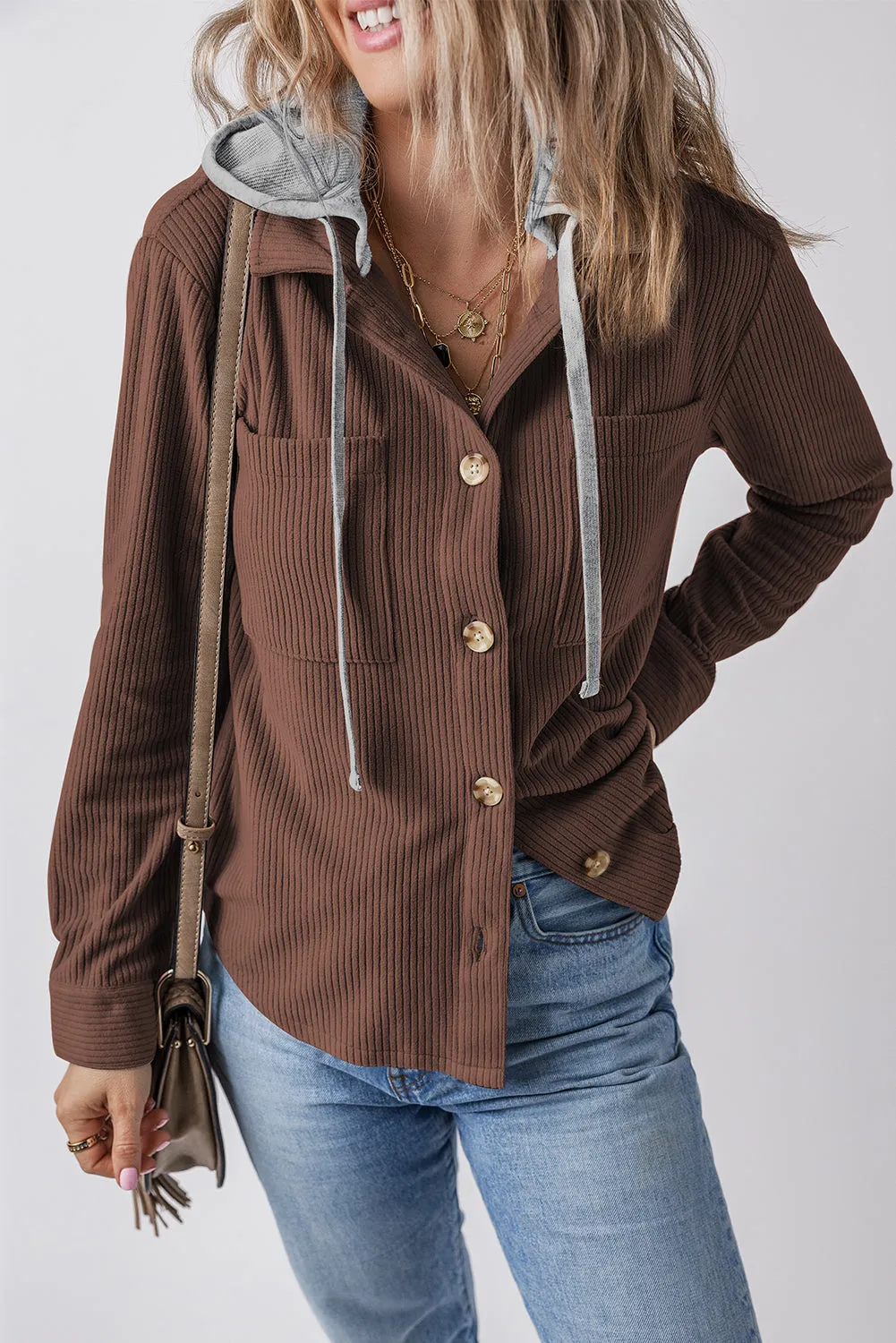 KaleaBoutique Hooded Drawstring Pockets Corduroy Shacket