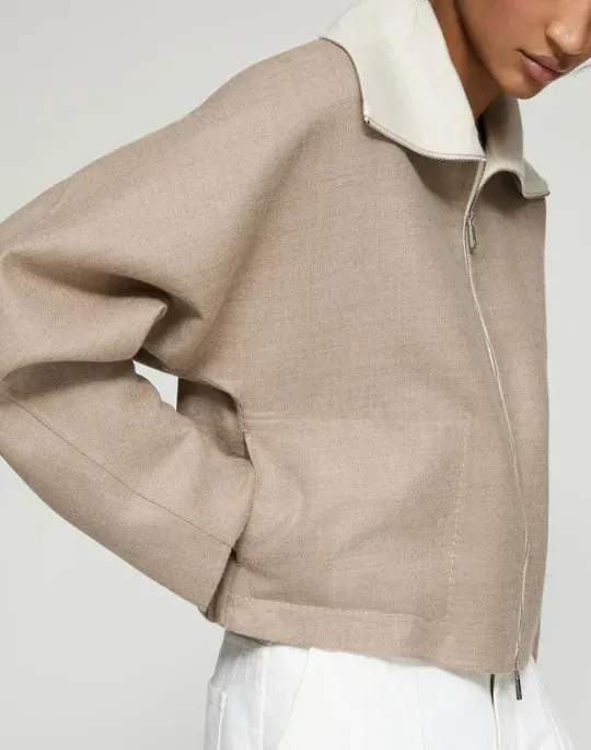Lafayette 148 Two Tone Wool-Silk Double Face Bomber Jacket in Hickory Melange/Cloud