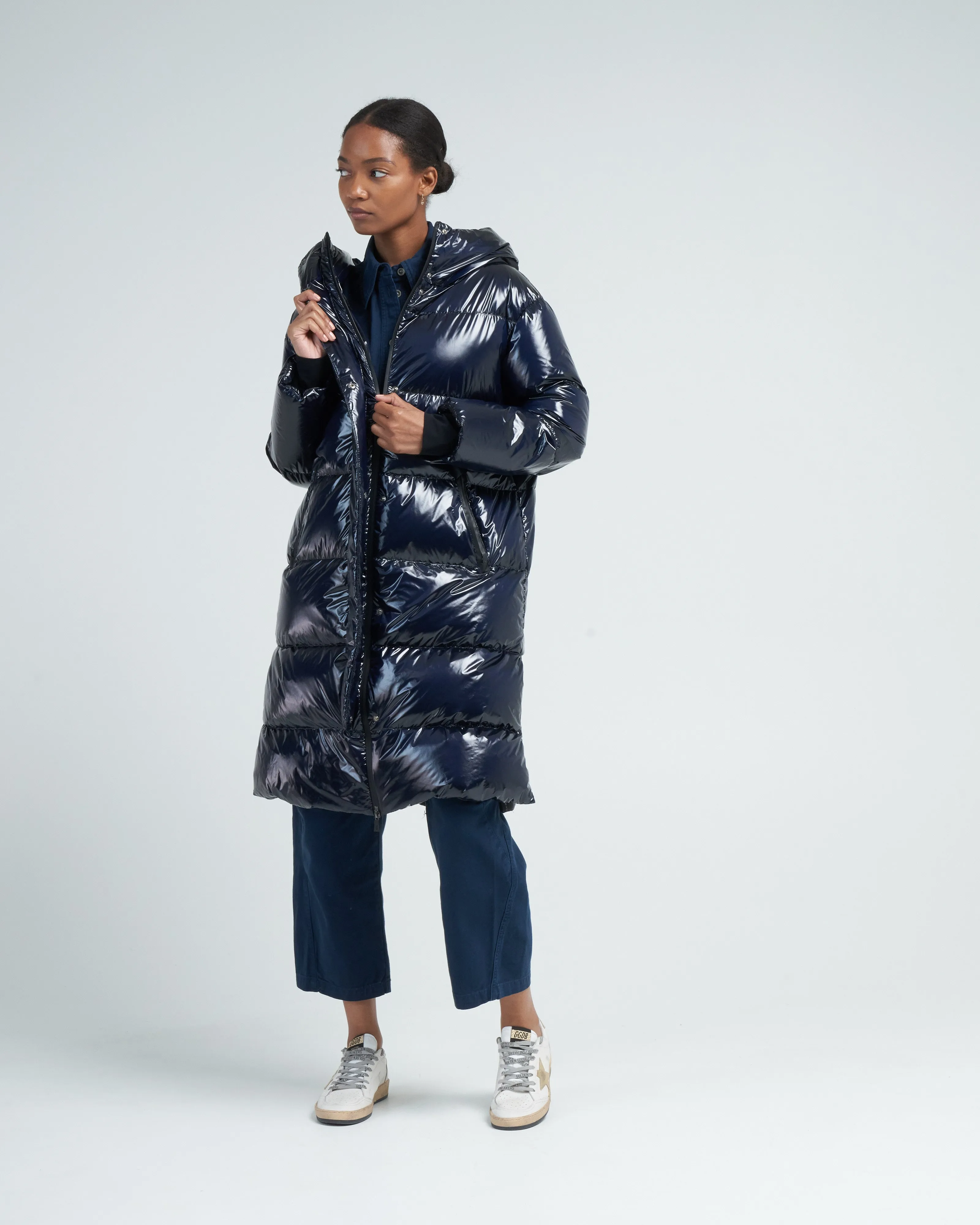 laminar glazed ripstop midi hooded parka
