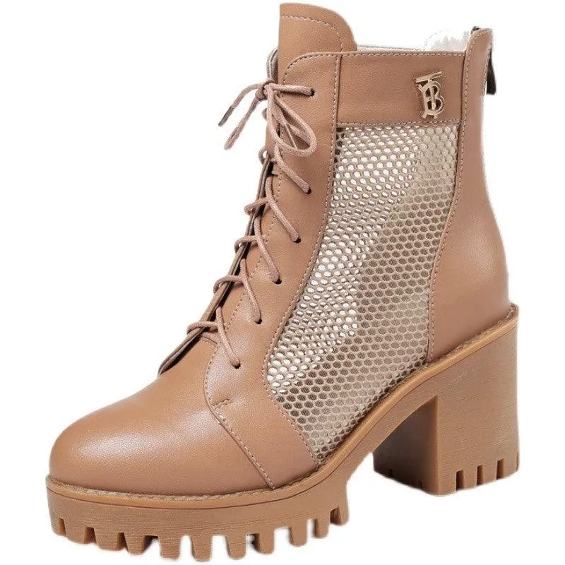 Leather breathable hollow net boots high-heeled sandals