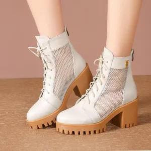 Leather breathable hollow net boots high-heeled sandals