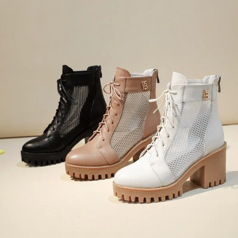 Leather breathable hollow net boots high-heeled sandals
