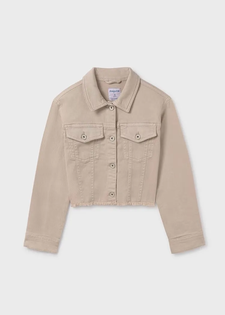 Mayoral Girls Twill Denim Jacket with Frayed Hem in Sand: Size 10 to 18