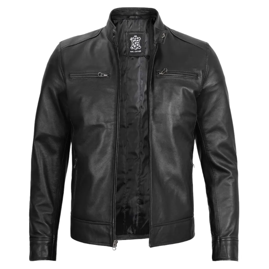 Men Black Motorcycle Hooded Leather Jacket