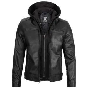 Men Black Motorcycle Hooded Leather Jacket