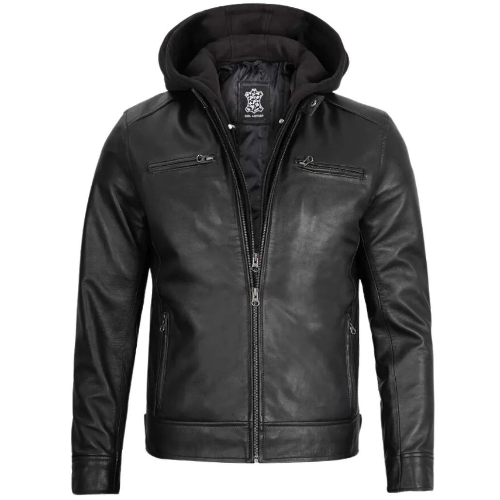 Men Black Motorcycle Hooded Leather Jacket