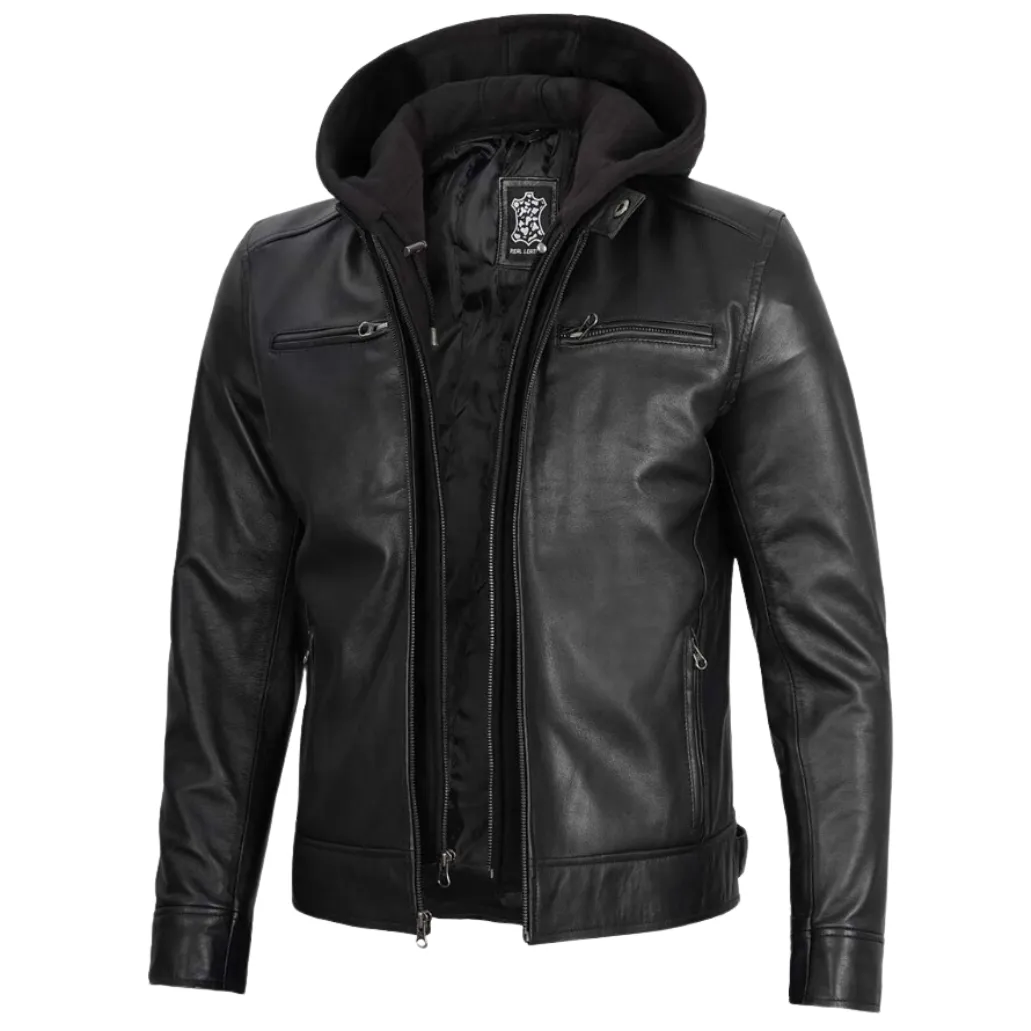 Men Black Motorcycle Hooded Leather Jacket