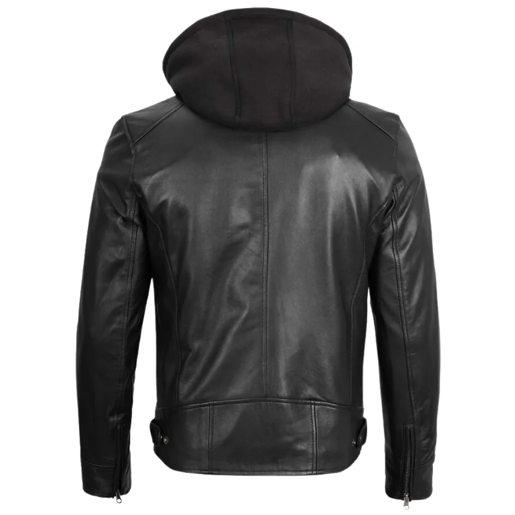 Men Black Motorcycle Hooded Leather Jacket