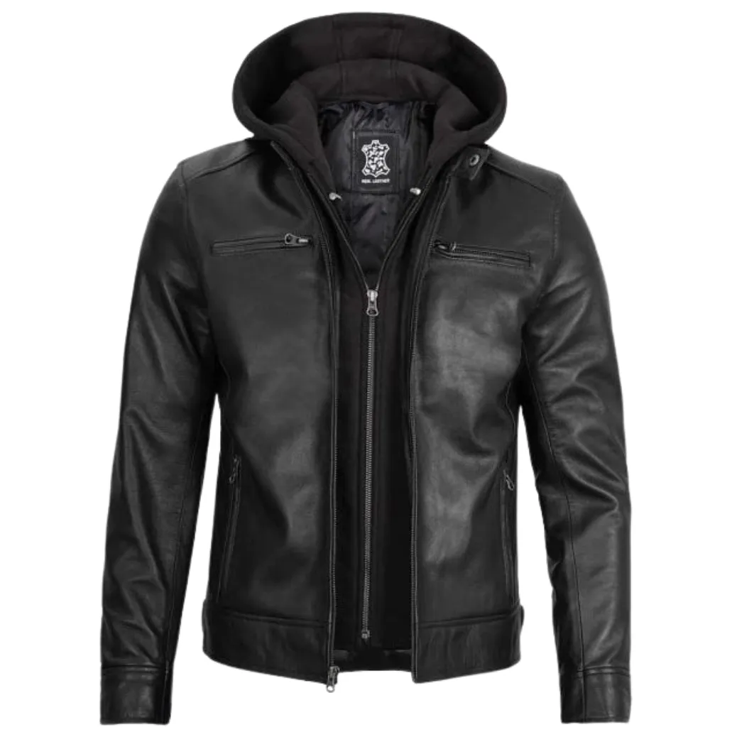 Men Black Motorcycle Hooded Leather Jacket