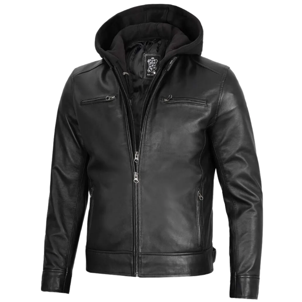 Men Black Motorcycle Hooded Leather Jacket