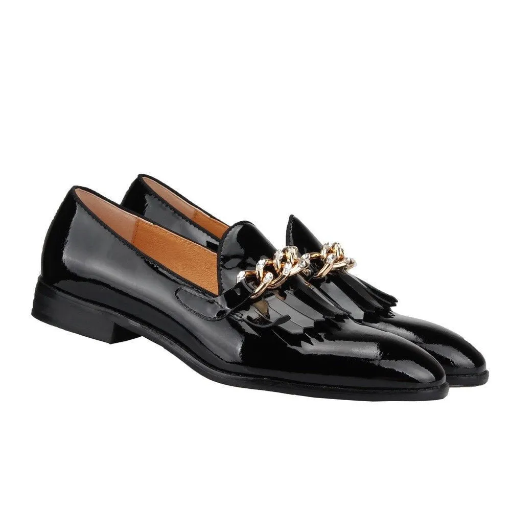 Men Patent leather Shoes metal chain Loafers