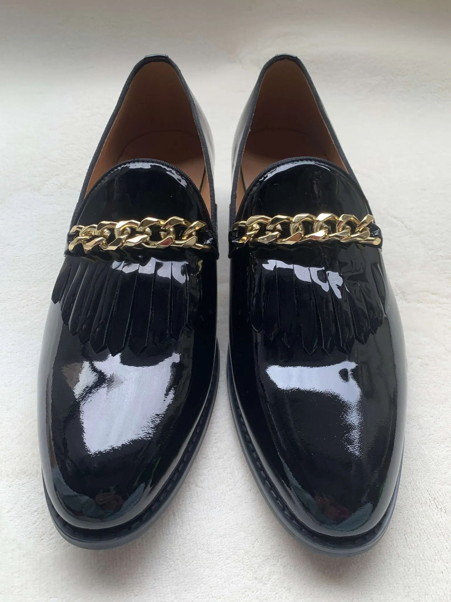 Men Patent leather Shoes metal chain Loafers