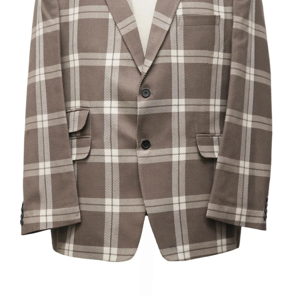 Mens Blazer Beige White Plaid Wool Handmade Dress Formal Suit Jacket Wedding Sport Coat 48R