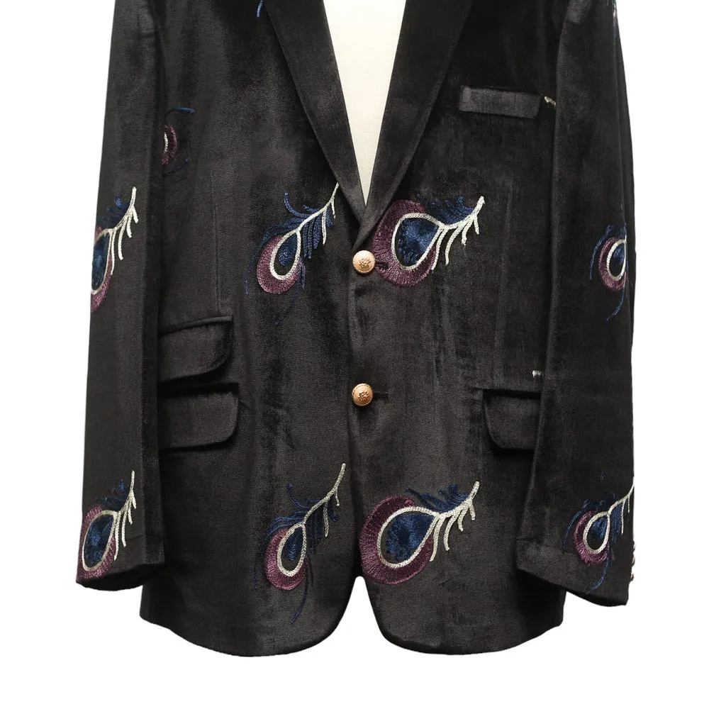Mens Blazer Black Peacock Embroidered Velvet Designer Dress Formal Suit Jacket Wedding Sport Coat 46R