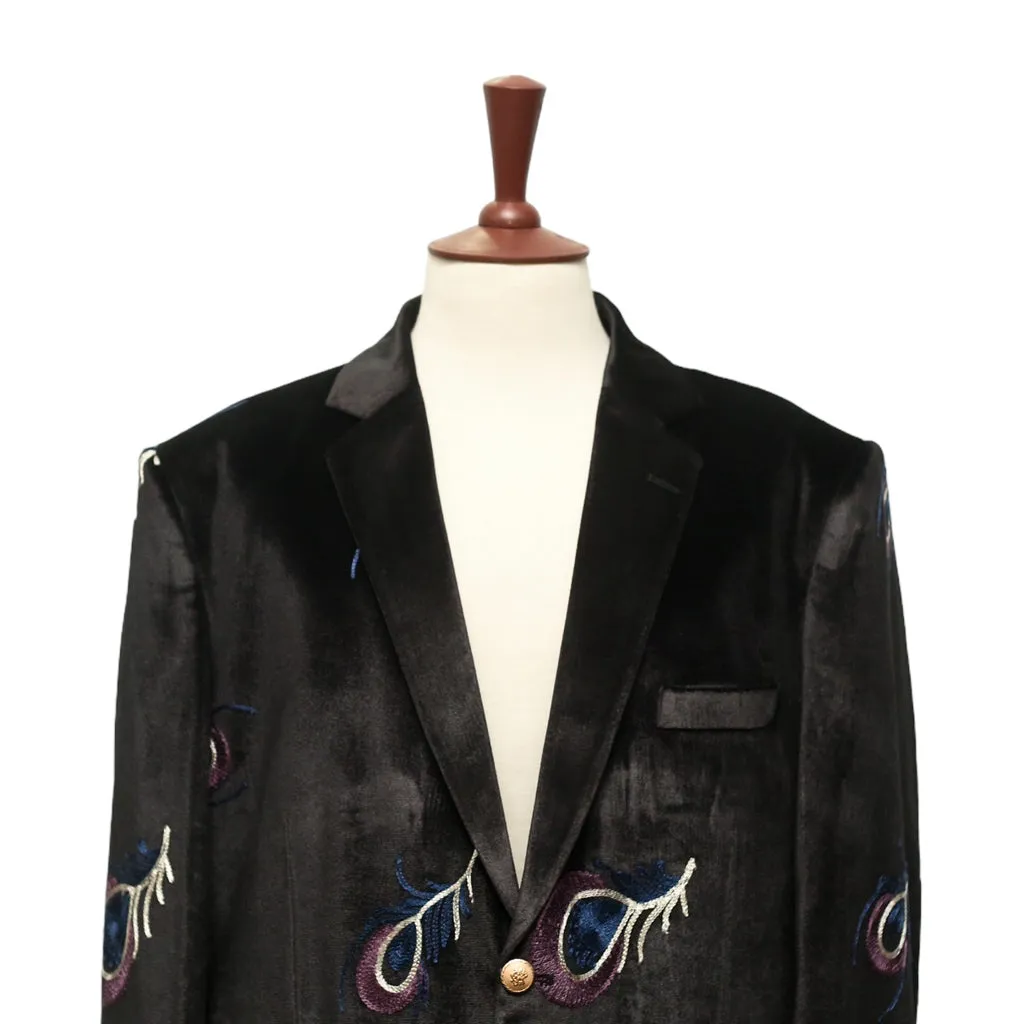 Mens Blazer Black Peacock Embroidered Velvet Designer Dress Formal Suit Jacket Wedding Sport Coat 46R