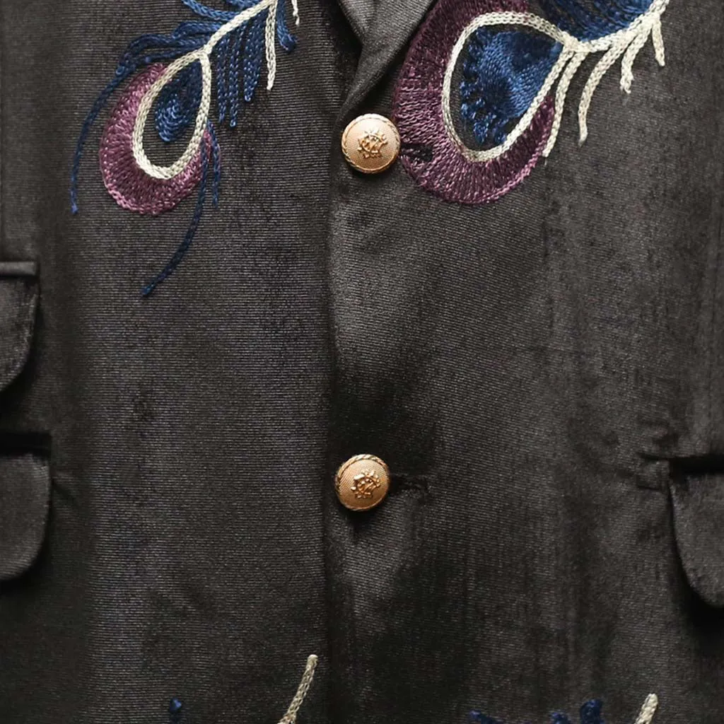 Mens Blazer Black Peacock Embroidered Velvet Designer Dress Formal Suit Jacket Wedding Sport Coat 46R