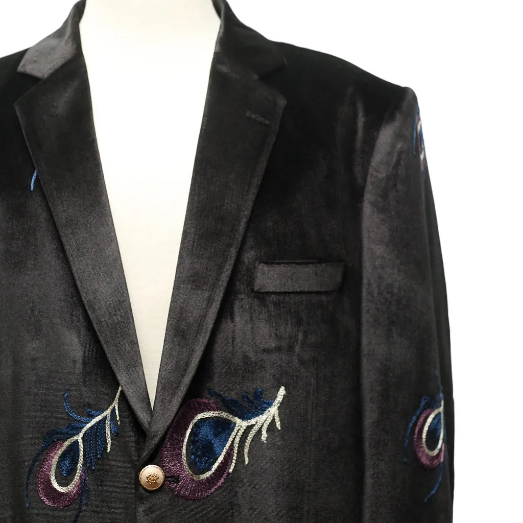 Mens Blazer Black Peacock Embroidered Velvet Designer Dress Formal Suit Jacket Wedding Sport Coat 46R