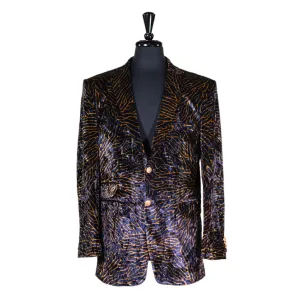 Mens Blazer Blue Gold Abstract Velvet Dress Formal Suit Jacket Wedding Sport Coat 46R