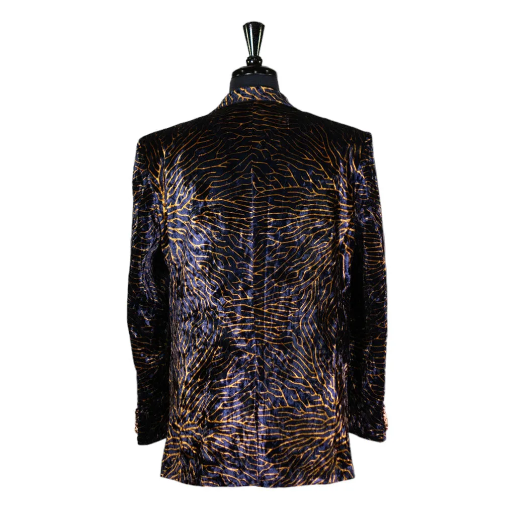 Mens Blazer Blue Gold Abstract Velvet Dress Formal Suit Jacket Wedding Sport Coat 46R