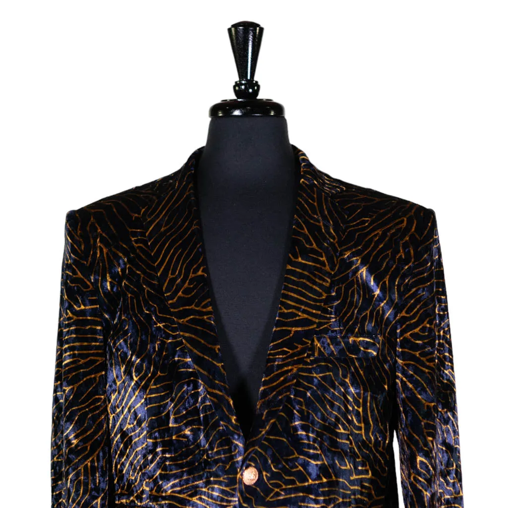 Mens Blazer Blue Gold Abstract Velvet Dress Formal Suit Jacket Wedding Sport Coat 46R