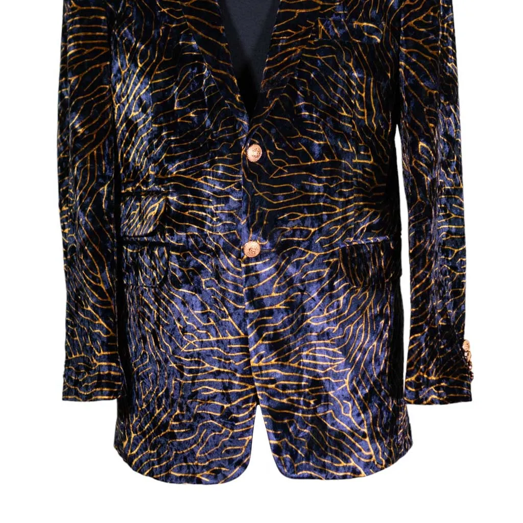 Mens Blazer Blue Gold Abstract Velvet Dress Formal Suit Jacket Wedding Sport Coat 46R