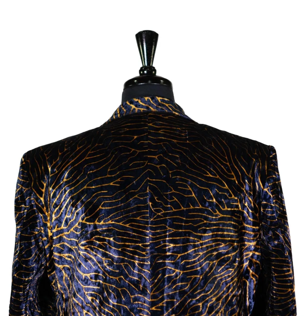 Mens Blazer Blue Gold Abstract Velvet Dress Formal Suit Jacket Wedding Sport Coat 46R
