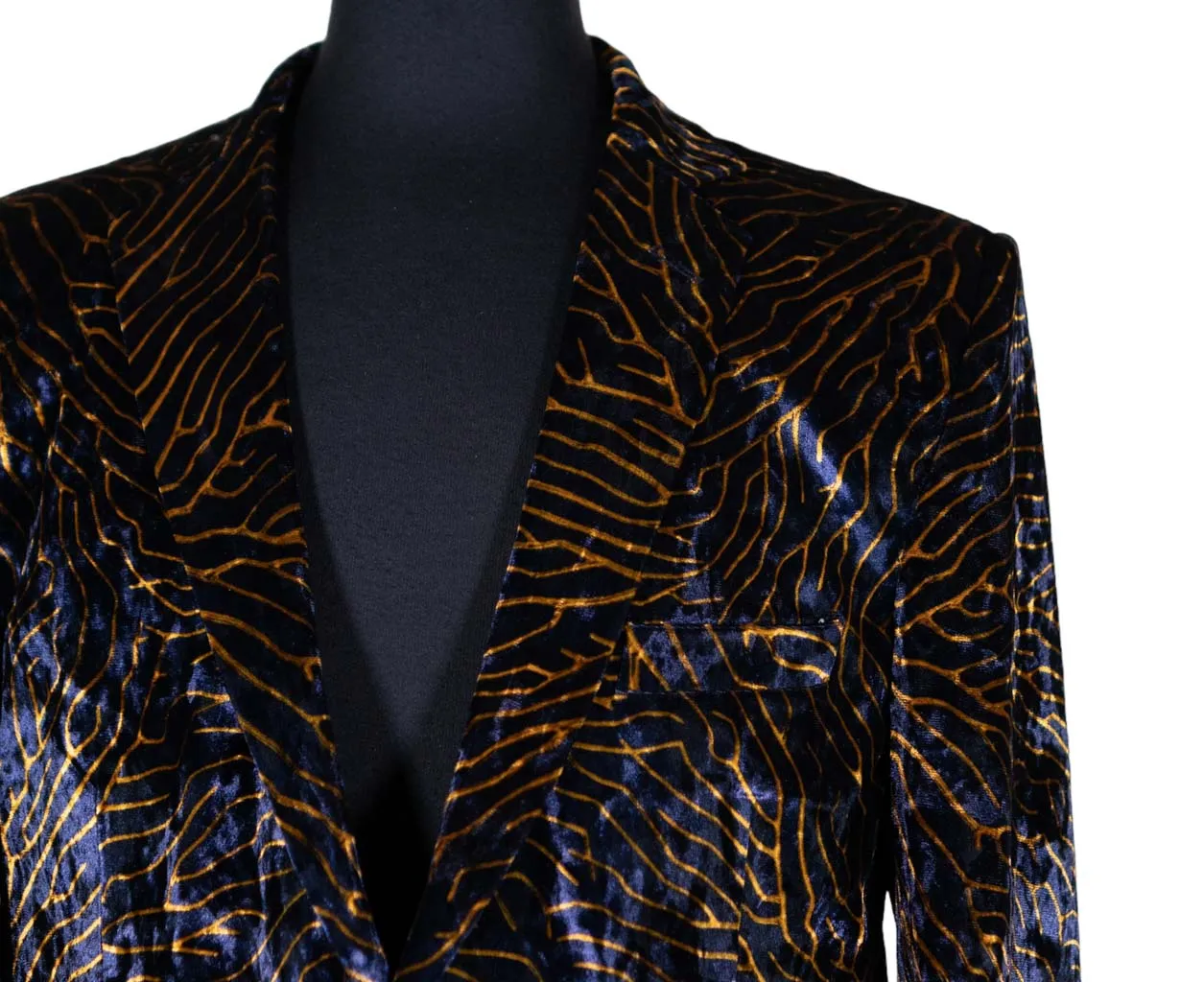 Mens Blazer Blue Gold Abstract Velvet Dress Formal Suit Jacket Wedding Sport Coat 46R