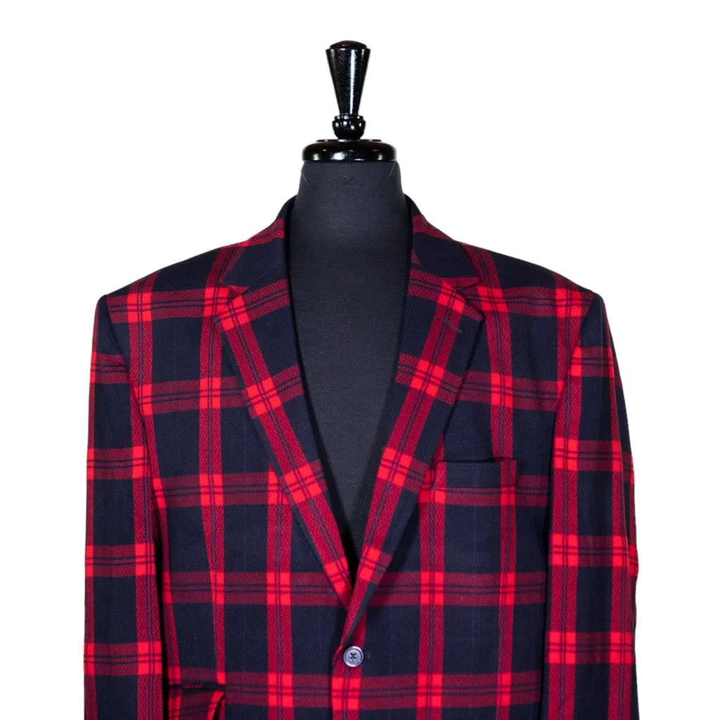 Mens Blazer Blue Red Plaid Check Wool 2 Button Dress Formal Suit Jacket Wedding Sport Coat