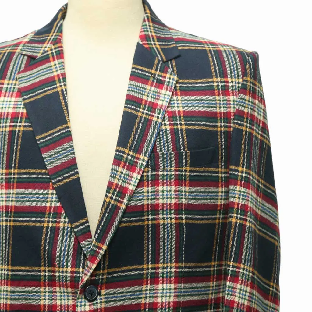 Mens Blazer Blue Red Tartan Plaid Check Wool Handmade Dress Formal Suit Jacket Wedding Sport Coat 44R