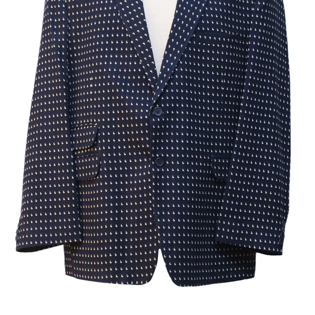 Mens Blazer Blue White Geometric Wool Handmade Dress Formal Suit Jacket Wedding Sport Coat 48R