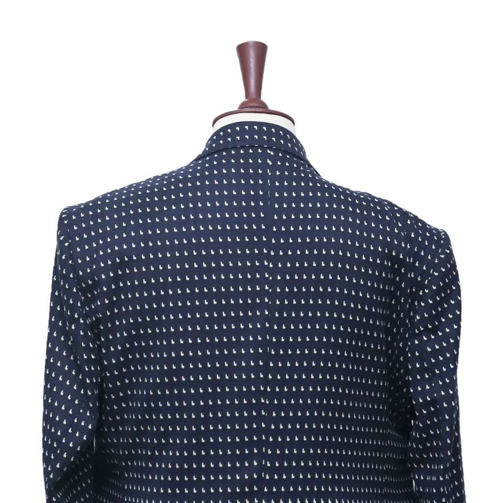 Mens Blazer Blue White Geometric Wool Handmade Dress Formal Suit Jacket Wedding Sport Coat 48R