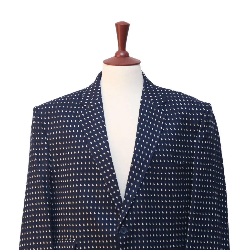 Mens Blazer Blue White Geometric Wool Handmade Dress Formal Suit Jacket Wedding Sport Coat 48R