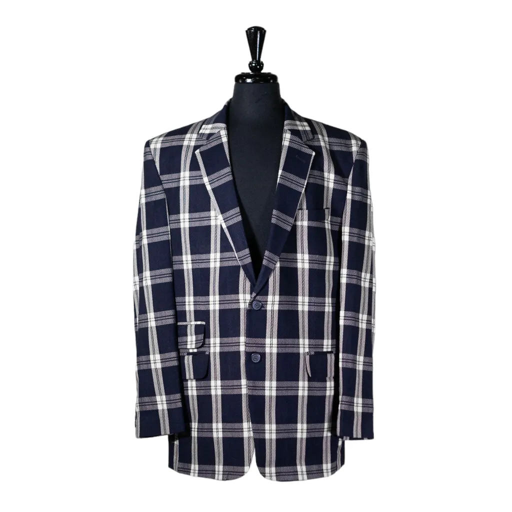 Mens Blazer Blue White Plaid Wool Dress Formal Suit Jacket Wedding Sport Coat 44R
