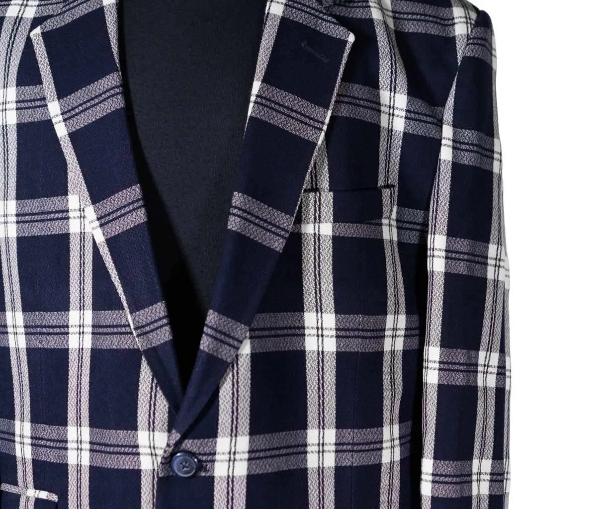 Mens Blazer Blue White Plaid Wool Dress Formal Suit Jacket Wedding Sport Coat 44R