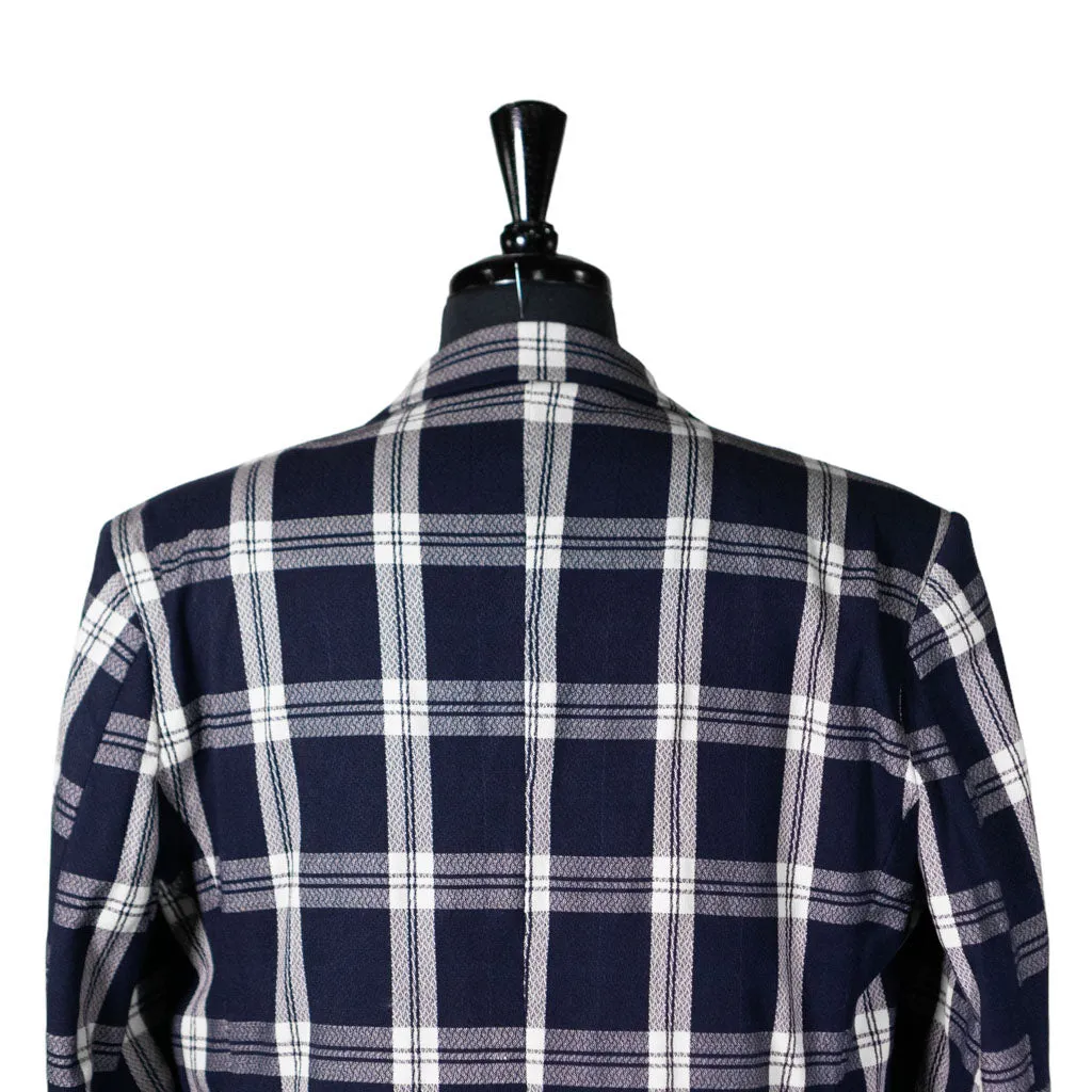 Mens Blazer Blue White Plaid Wool Dress Formal Suit Jacket Wedding Sport Coat 44R