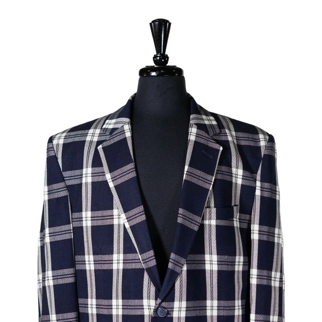 Mens Blazer Blue White Plaid Wool Dress Formal Suit Jacket Wedding Sport Coat 44R