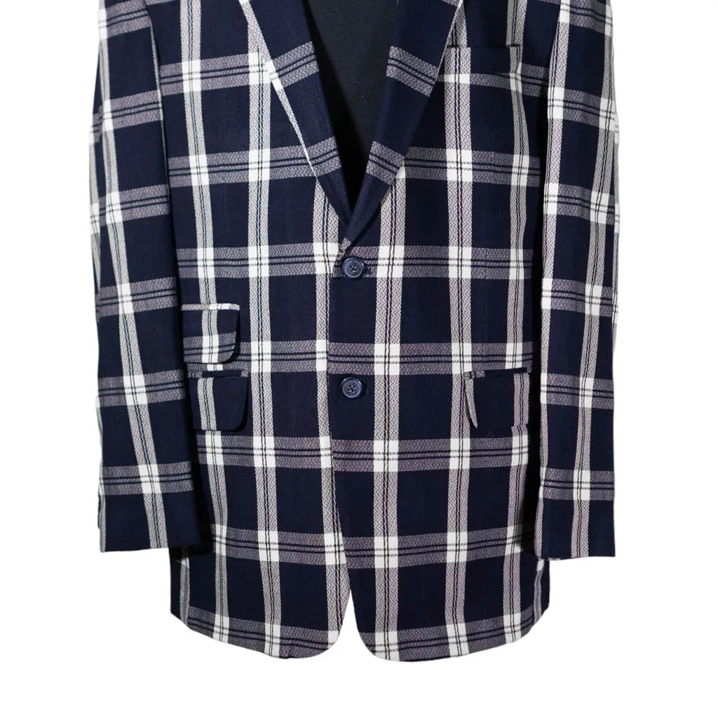 Mens Blazer Blue White Plaid Wool Dress Formal Suit Jacket Wedding Sport Coat 44R