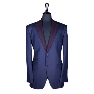 Men's Blue Herringbone Wool Blazer with Contrast Lapel (40R)