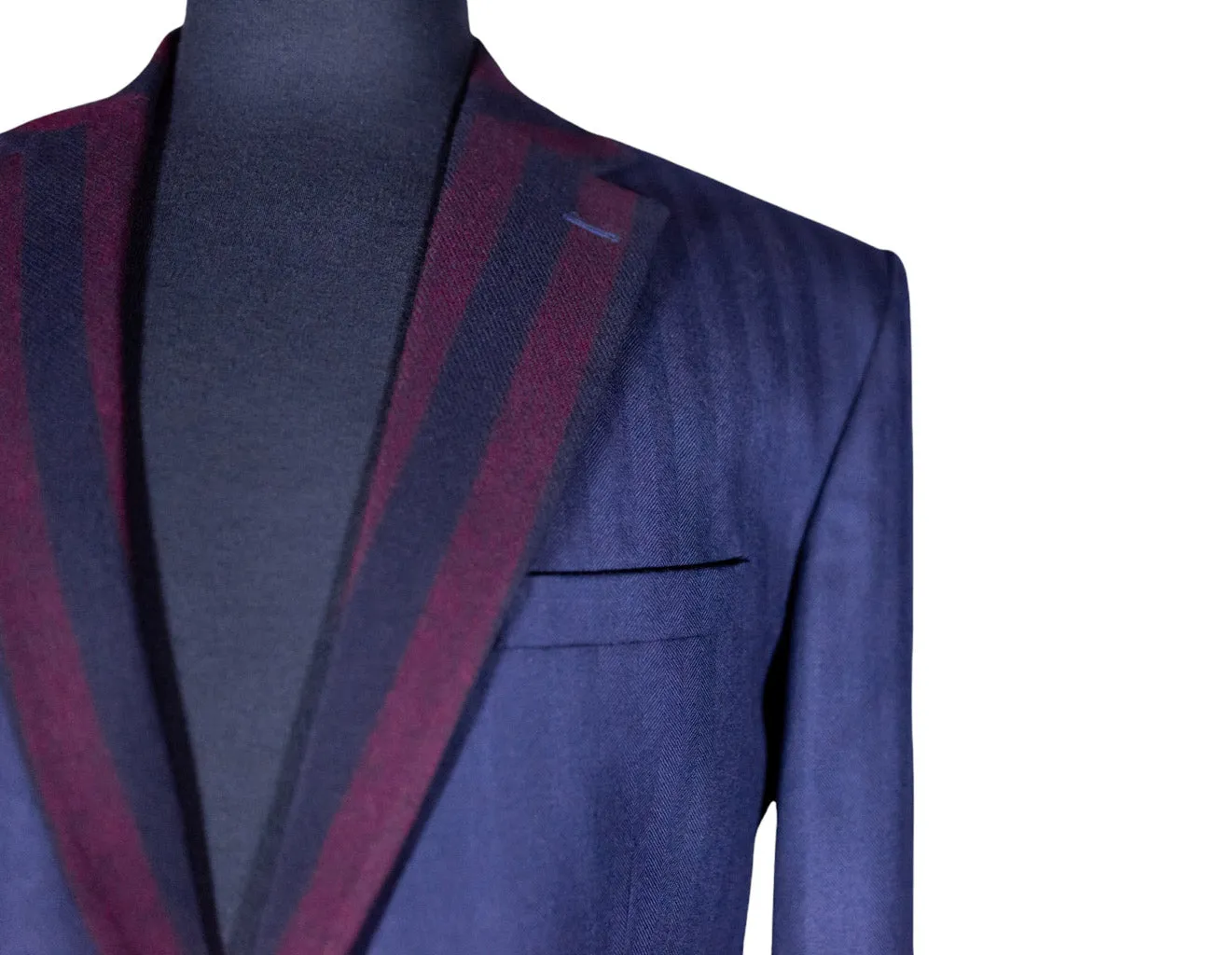 Men's Blue Herringbone Wool Blazer with Contrast Lapel (40R)