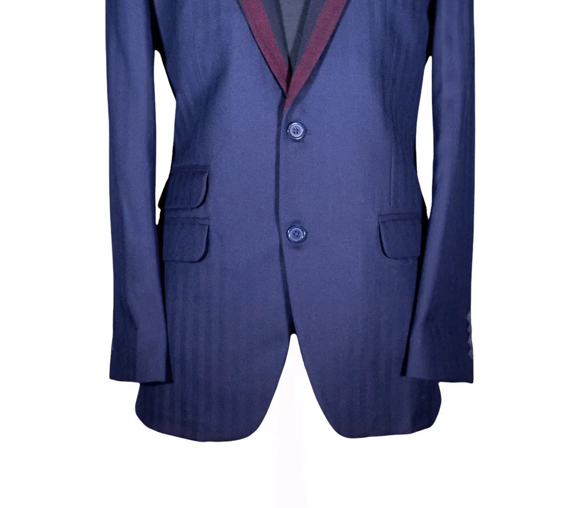 Men's Blue Herringbone Wool Blazer with Contrast Lapel (40R)
