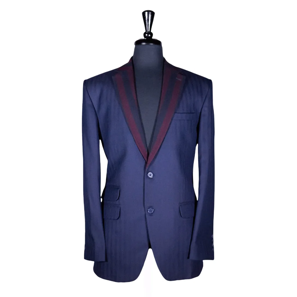 Men's Blue Herringbone Wool Blazer with Contrast Lapel (40R)