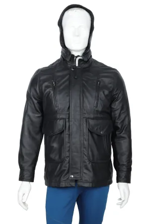 MENS LEATHER HOODED JACKET 94928 (BLACK)