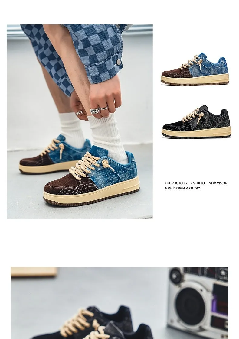 Men's Leisure Denim Board Shoes - Lace-up Flats for Skateboarding