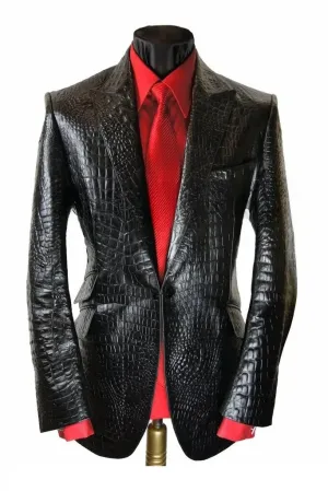 Men's Real Leather Croco Embossed Blazer Single Button Long Lapel Black Coat  - Leather Jackets