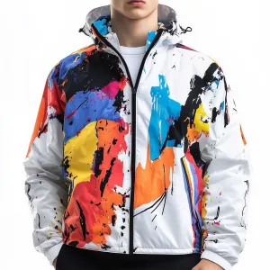 Mens Windbreaker Jackets Color Splashes Lightweight Rain Protection Waterproof Nylon Hooded Windbreaker Jackets