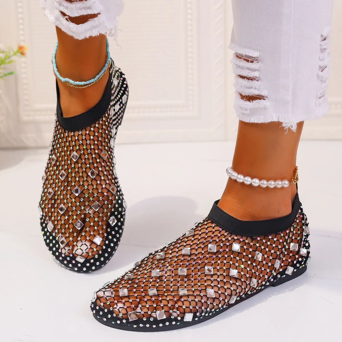 Mesh Flat Colorful Rhinestone Sandals