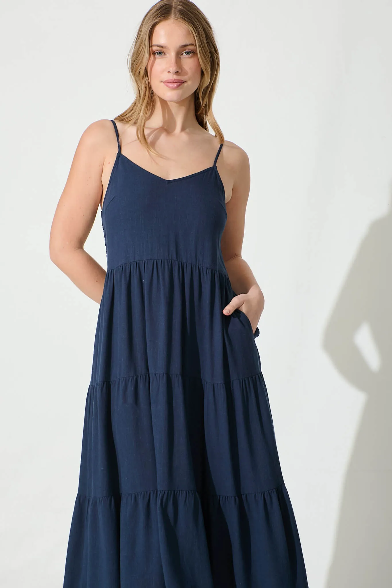 Navy Linen Blend Midi Dress for a Perfect Summer Look