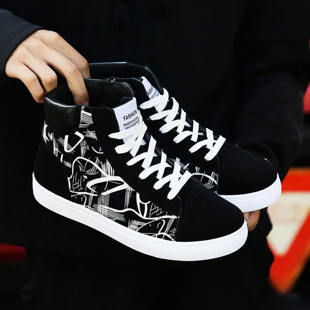 New Design Hip-Hop Fashion Graffiti High Tops Men's Shoes Casual Breathable Comfortable Rubber Sneakers Outdoor Footwear Flats