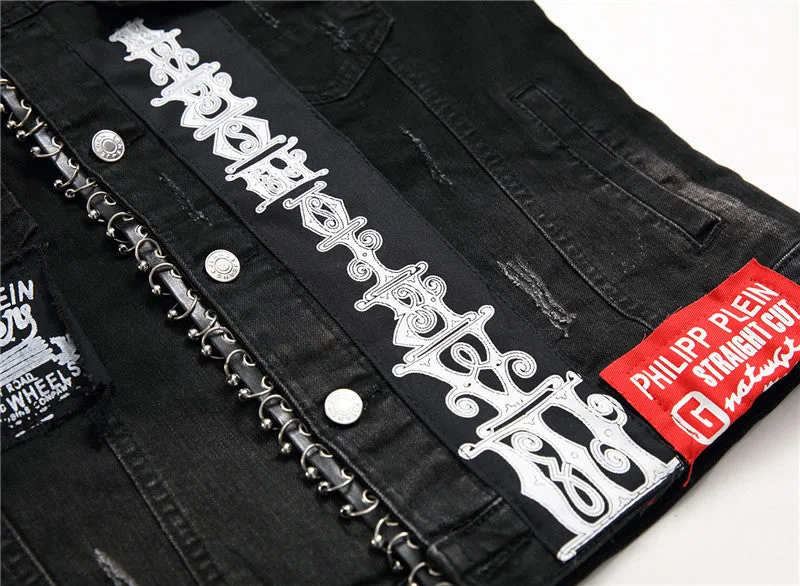 Patch Printed Men's Jean Jacket Elasticity Denim Jacket Coats