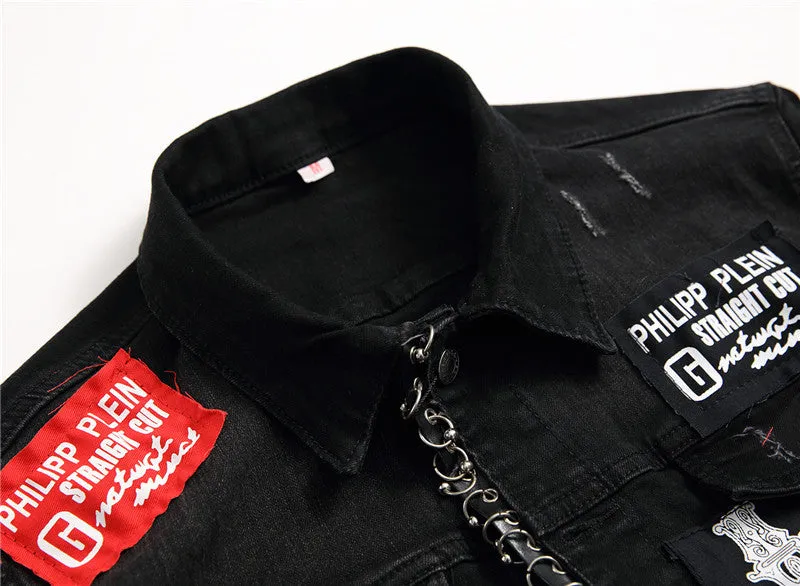 Patch Printed Men's Jean Jacket Elasticity Denim Jacket Coats